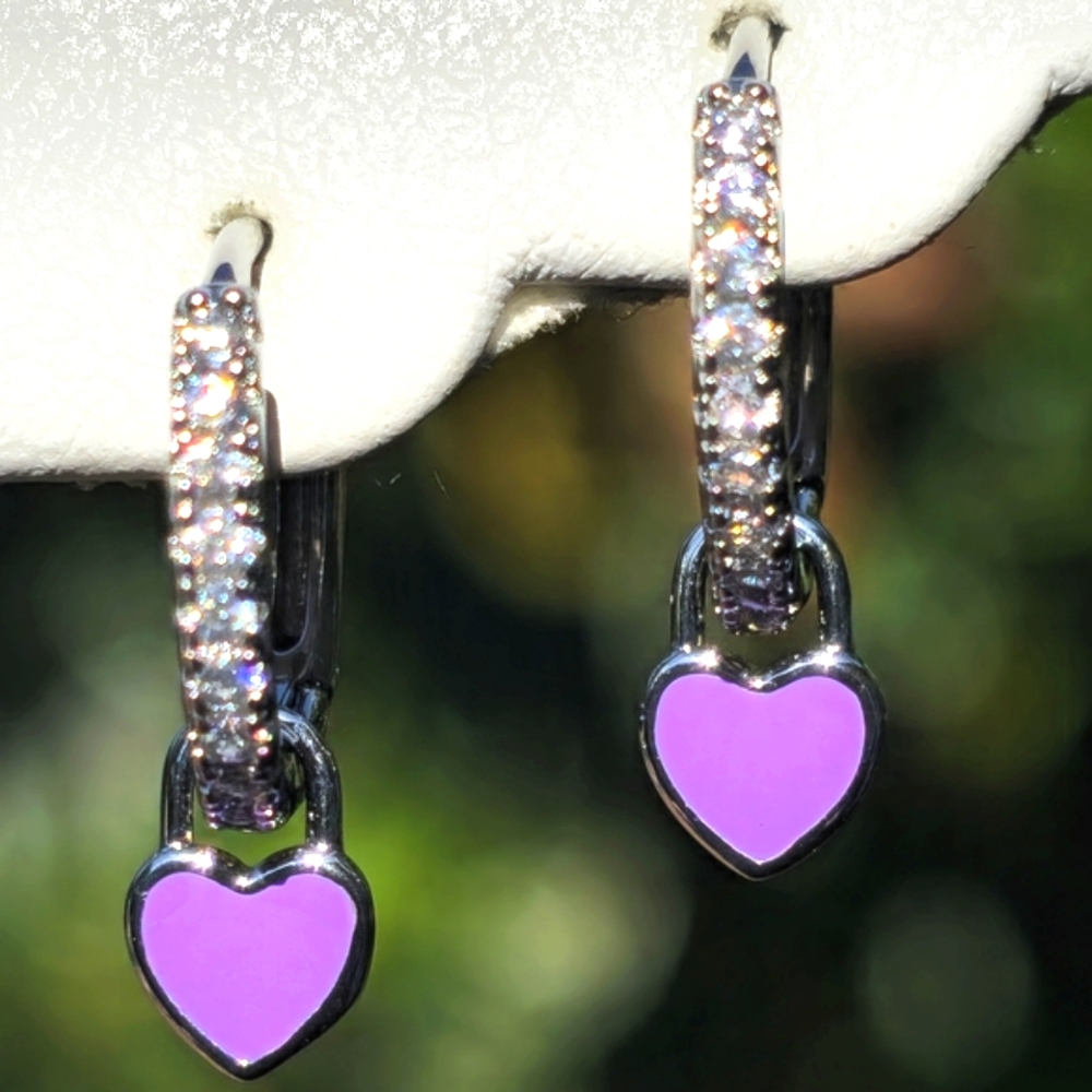925 STERLING SILVER PURPLE HEART ENAMEL DANGLE DIAMOND CRYSTAL CZ HUGGIE HOOPS
